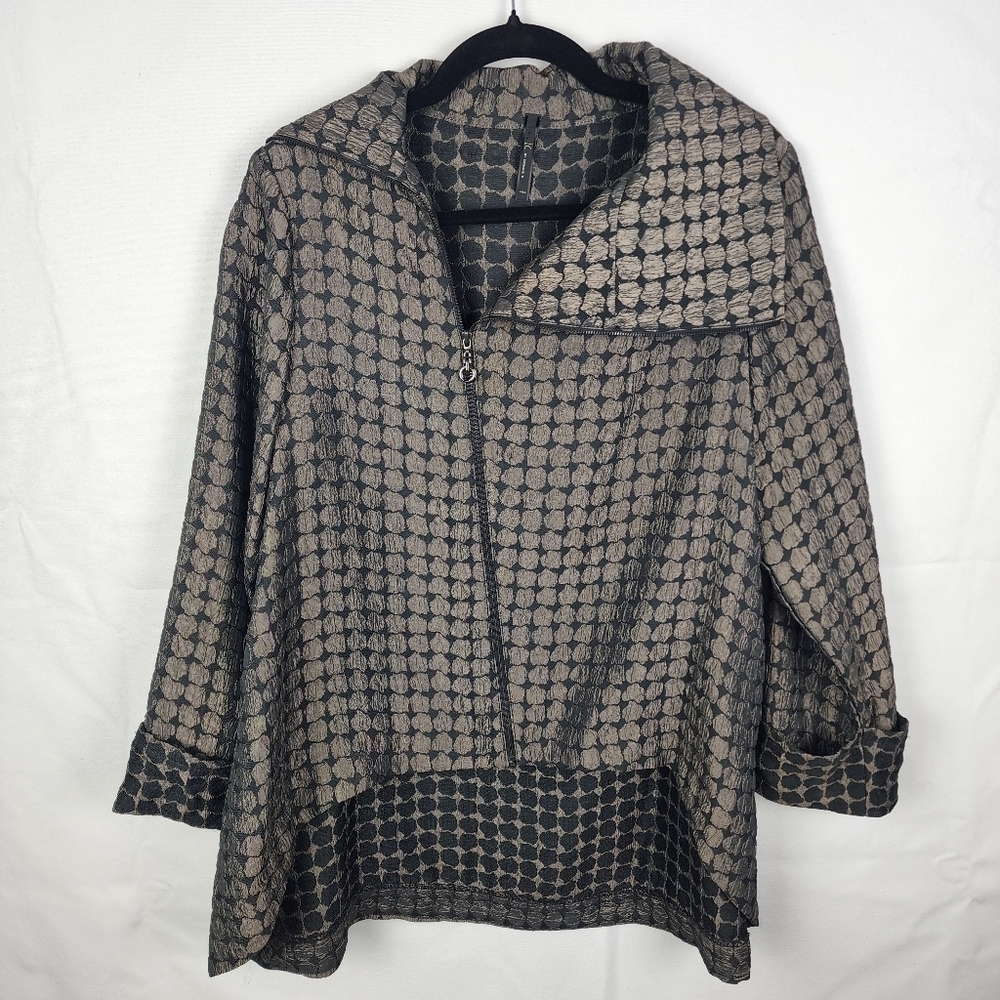 I C by Connie K Asymmetrical Zip Up Metallic  Geometric Print Lightweight Coat M